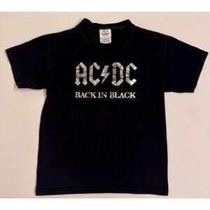 Vintage 2005 Kids' ACDC Back in Black T-Shirt Size M 10/12 Metallic Print